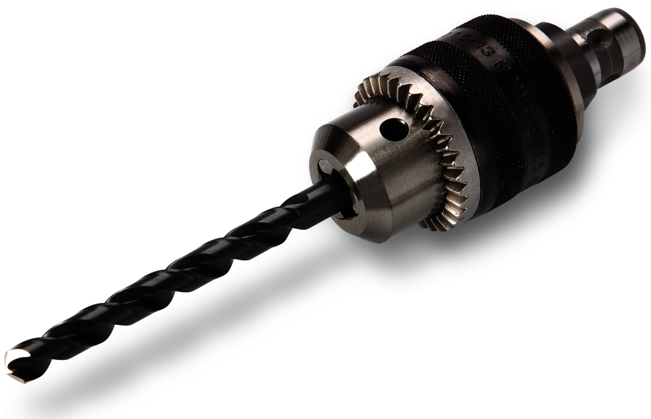 Key-type drill chuck with QuickIN holder